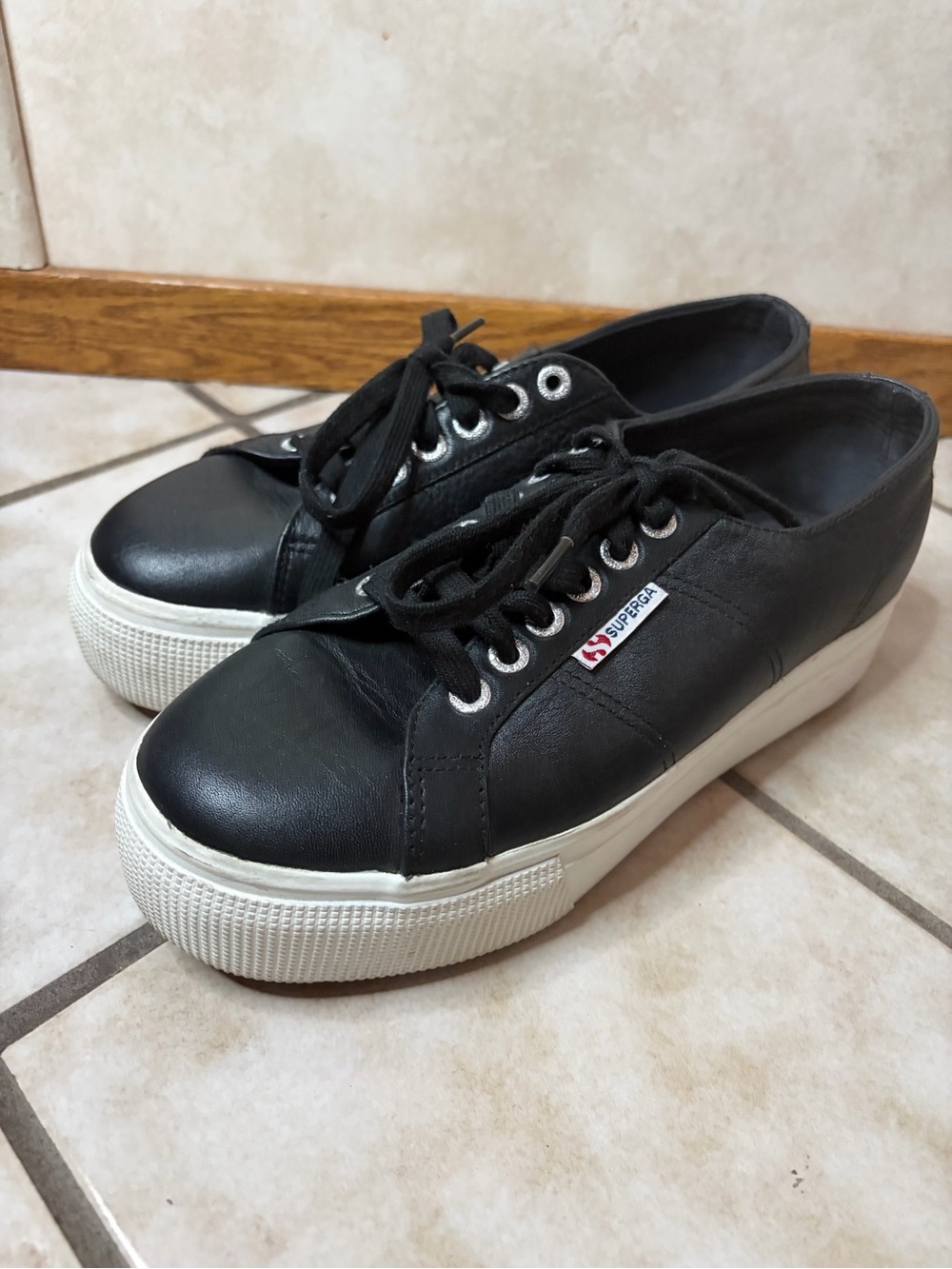Superga Black Leather Low-Top Sneakers with White Platform Sole